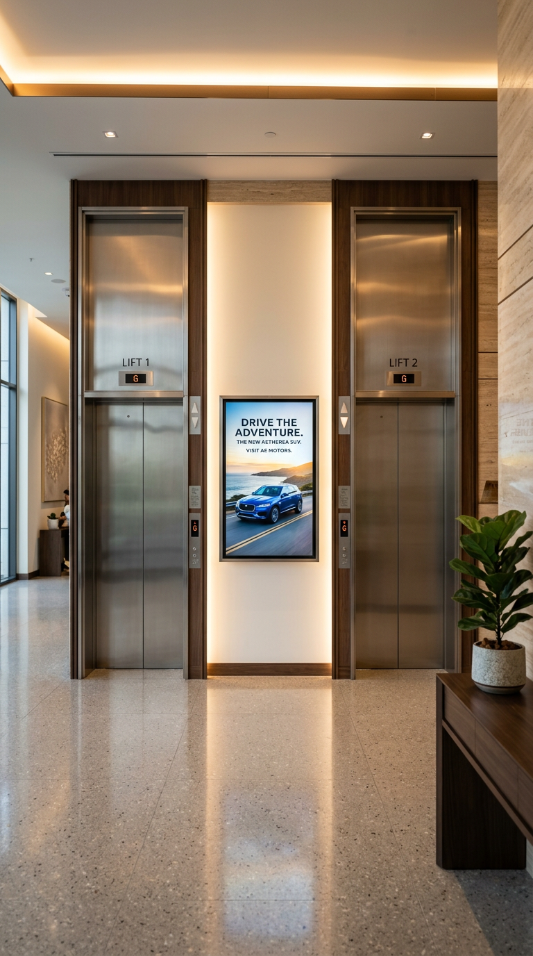 Digital advertising screen between two lift gates in a residential lobby